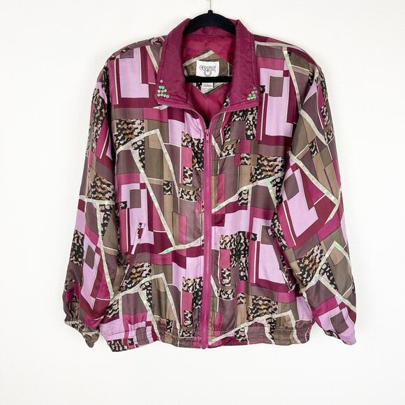 Vintage 80s 90s Womens Cervelle 100% Silk Windbreaker Track Jacket Size Large - Picture 2 of 10